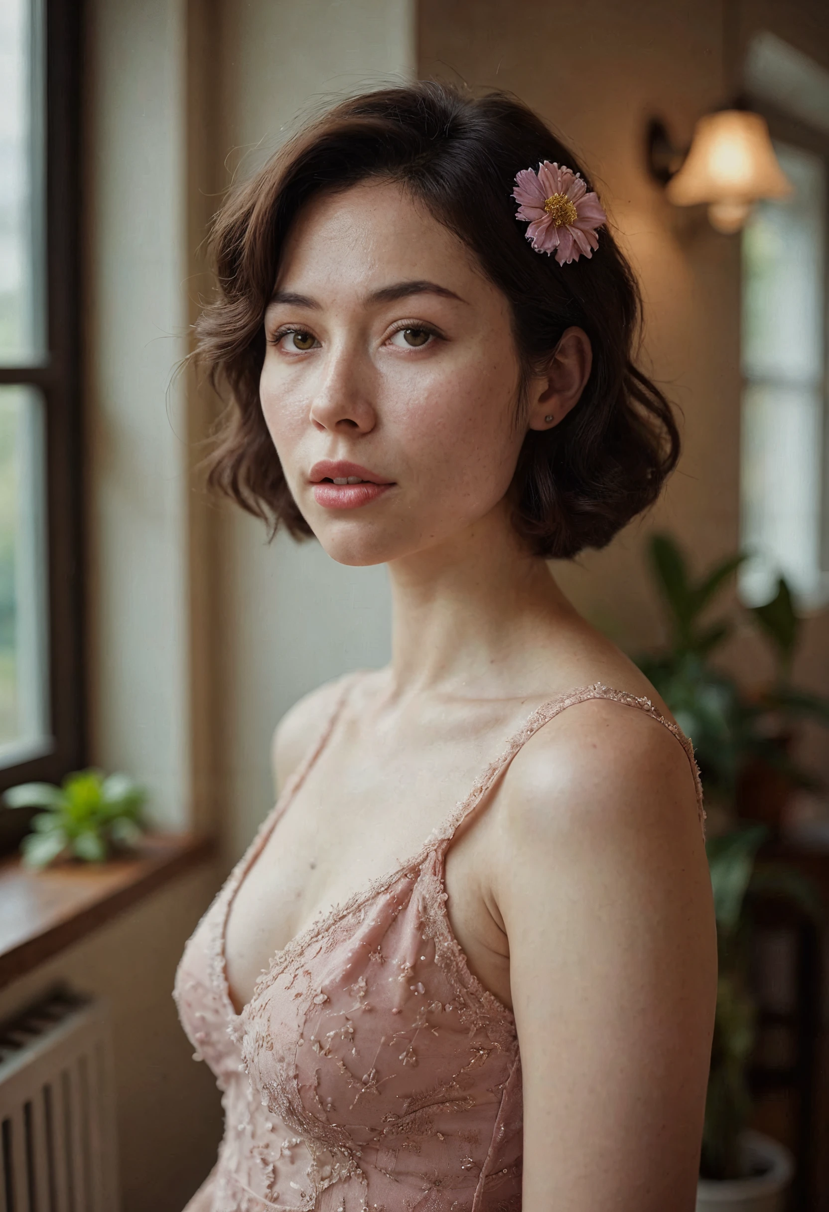 A Vogue photoshoot of a woman in a flapper dress, captured in vibrant bubblegum pastel tones, in the style of Jingna Zhang. The image should be taken with a Canon EOS R5 camera and a Canon RF 50mm f/1.8 STM lens. Set the ISO to a high value, the shutter speed to a fast value, and the aperture to a wide aperture to create a shallow depth of field and a blurred background. Use a soft, diffused lighting to create a dreamy and ethereal atmosphere. The overall mood of the image should be one of glamour and nostalgia.