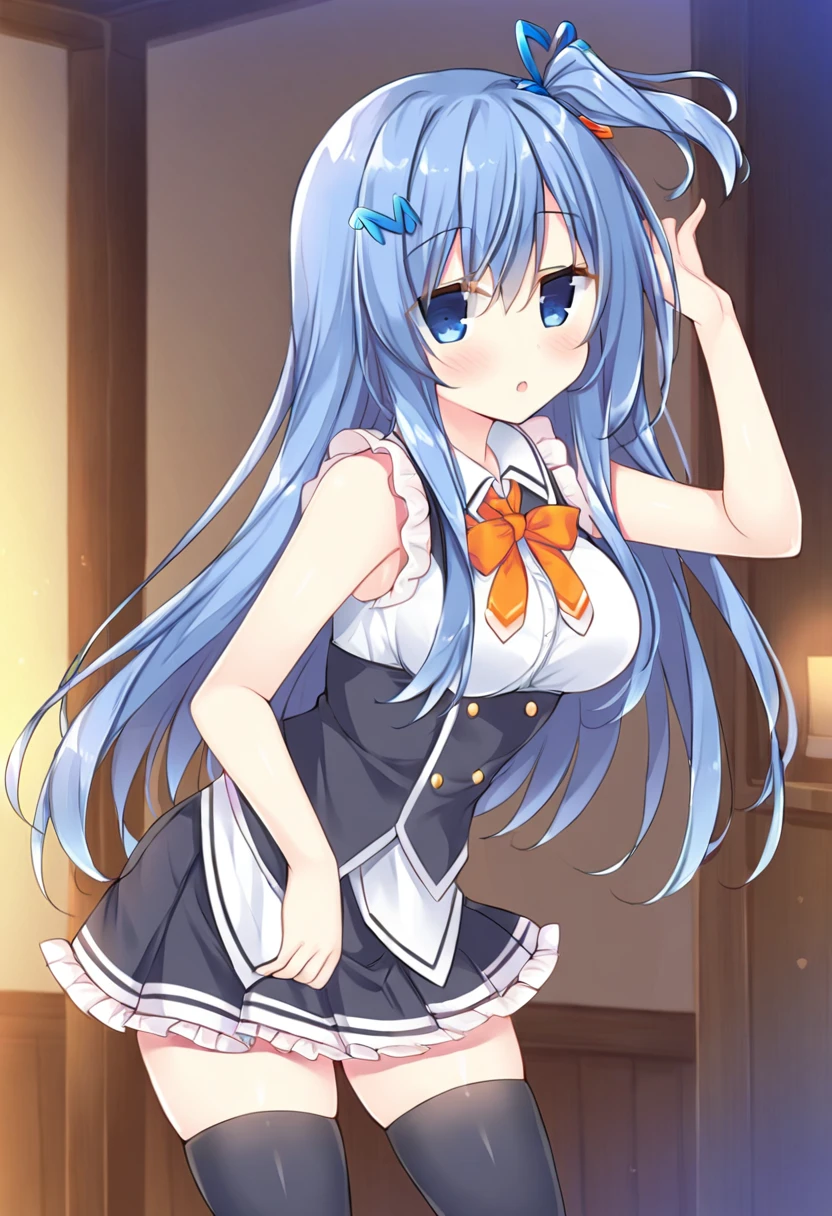 emori miku, blue eyes, blue hair, hair between eyes, blue hairclip, one side up, long hair, medium breasts, :d, white shirt, frills, bare shoulders, sleeveless, orange bow, frilled skirt, pleated skirt, black skirt, thighhighs, indoors, <lora:Character_Emori Miku:0.8>