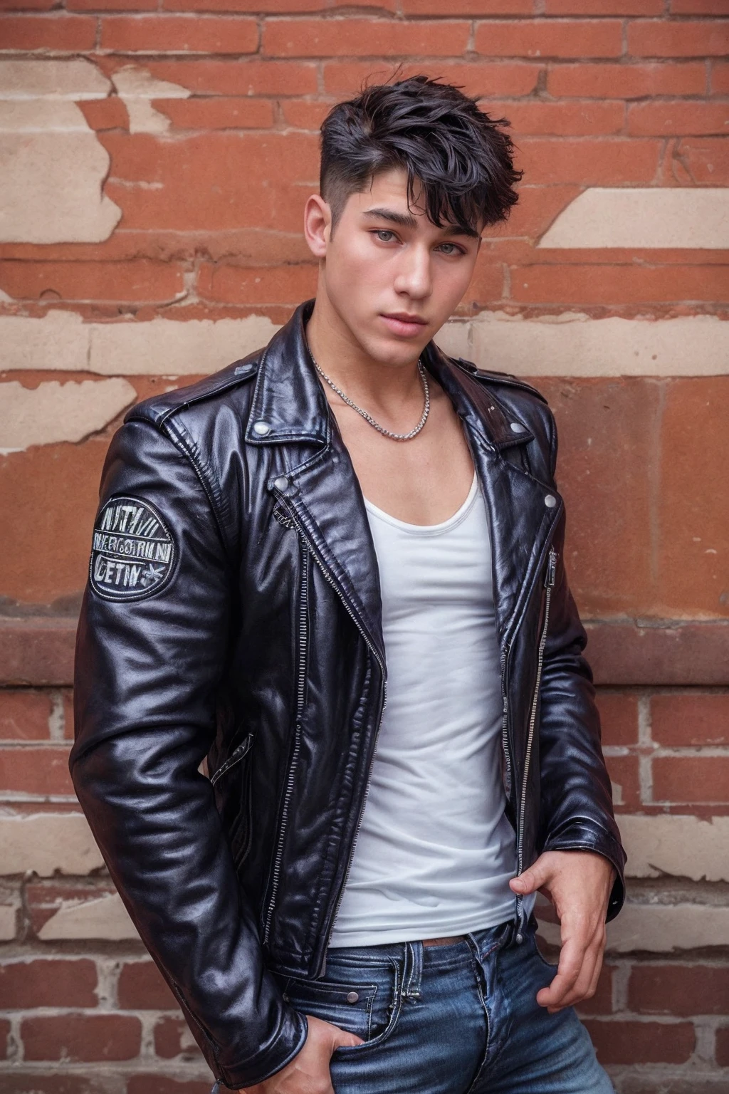 <lora:ethan_wilson_epoch_9:0.75>,  ethanwilsonperson, wearing leather jacket and white shirt, necklace, posing against brick wall