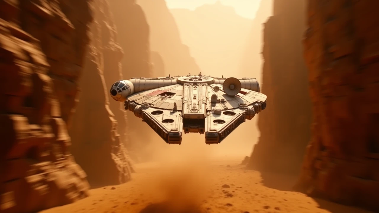 a front view photo of a millenium falcon flying through a canyon on tatooine,dramatic scene,dust,motion blur,star wars style,lucasfilm,intricate details, <lora:millenium_falcon:1>,