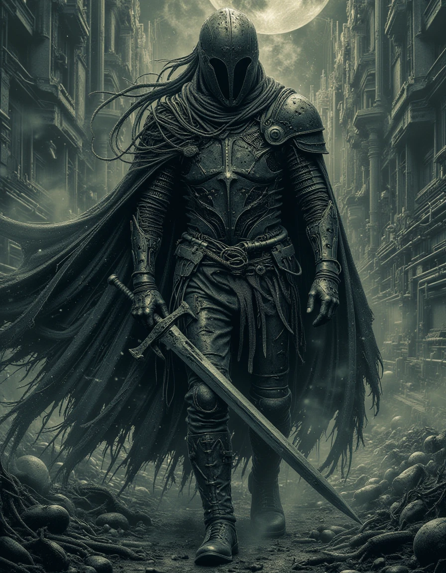 A spectral knight clad in ancient crusader armor roams a desolate battlefield, his form flickering like a ghost. His sword, once a symbol of righteousness, now drips with ethereal blood. The air around him is cold, and his eyes burn with an unfulfilled purpose
 <lora:The_Dark_Side_Of_The_Future:0.7>