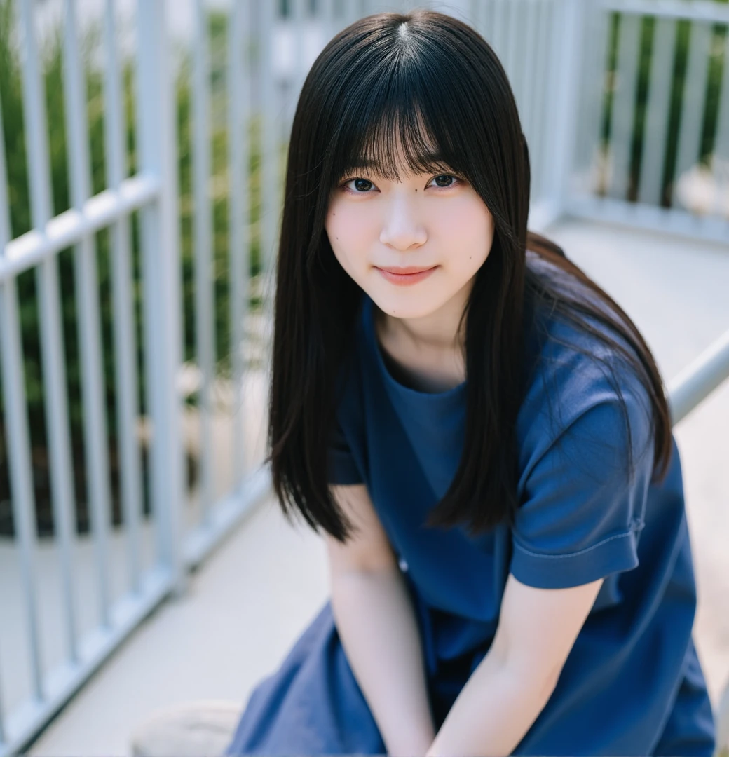 shizuki, The image is a portrait of a young woman with long dark hair and bangs. She is sitting on a metal railing. The woman is wearing a blue dress and is looking directly at the camera with a serious expression. appears to be an outdoor setting with a metal fence and some plants. The lighting is soft and natural, creating a peaceful and serene atmosphere. The overall mood of the image is calm and contemplative.