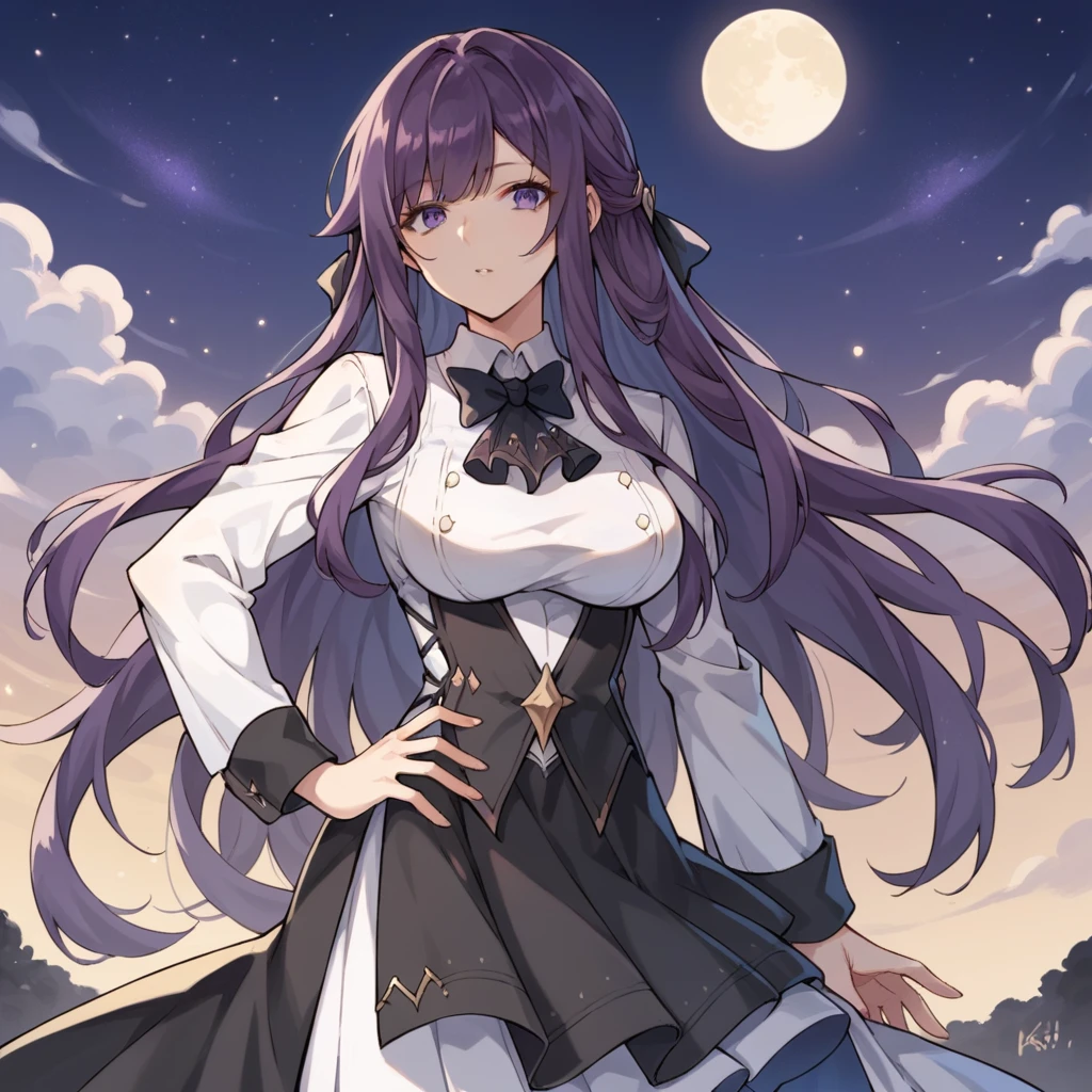 score_9_up, score_8_up, score_7_up, source_anime, masterpiece, best quality, 1girl, solo, KafkaHi3, moon light, starry sky, night sky, standing, looking at you, curious, parted lips, hand on hip, purple eyes, purple hair, long hair, hair ornament, white dress, black dress, collared dress, white shirt, collared shirt, black corset, two-tone sleeves, white sleeves, black sleeves, frilled skirt, white skirt, black skirt, frilled necktie, black necktie, black bowtie, white pantyhose, pleated sleeves, ribbon, mature body, dynamic cowboy shot, outdoors, sky clouds background