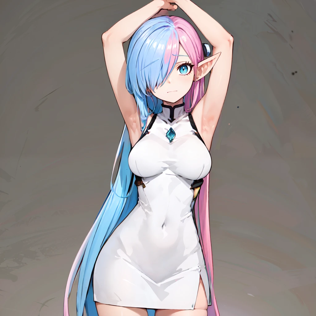 ((masterpiece,best quality)), absurdres,  curvy, wide hips,  medium breasts,   <lora:Astra_v5:0.6>, zzAstra, very long hair, two-tone hair, striped, hair over one eye,  blue hair, pointy ears, long hair,  pink hair,    armpits, arms up, blunt bangs, closed mouth, dress, gem, kanon (sktiims), looking away, looking to the side, shika cho, short dress, simple background, sleeveless, sleeveless dress