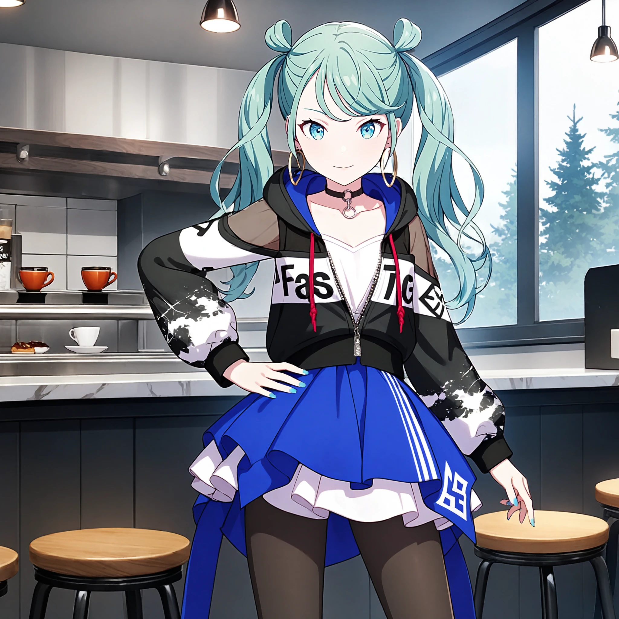 1girl, vivid bad squad miku, project sekai, masterpiece, very aesthetic, absurdres, official art,
vbsmiku, solo, aqua very long hair, twintails, aqua eyes, nail polish, aqua nail, 
(looking at viewer:1.4), light smile, standing, contrapposto, hands on hip, 
long hair, skirt, twintails, pantyhose, blue skirt, jacket, black pantyhose, zipper, hood, choker, blue eyes, black jacket, print jacket, collarbone, shirt, jewelry, zipper pull tab, partially unzipped, white shirt, hooded jacket, layered skirt, long sleeves, pendant choker, black choker, collar, drawstring, see-through, frilled skirt, hood down, hoodie, clothes writing, open clothes, frills, o-ring, hoop earrings, pleated skirt, o-ring choker, multicolored clothes, 
in cafeteria, cups and saucers, bar counter, large window, trees, table, chair,
 <lora:sdxl-vs-vbsMiku05:0.8:lbw=XL-Clear>