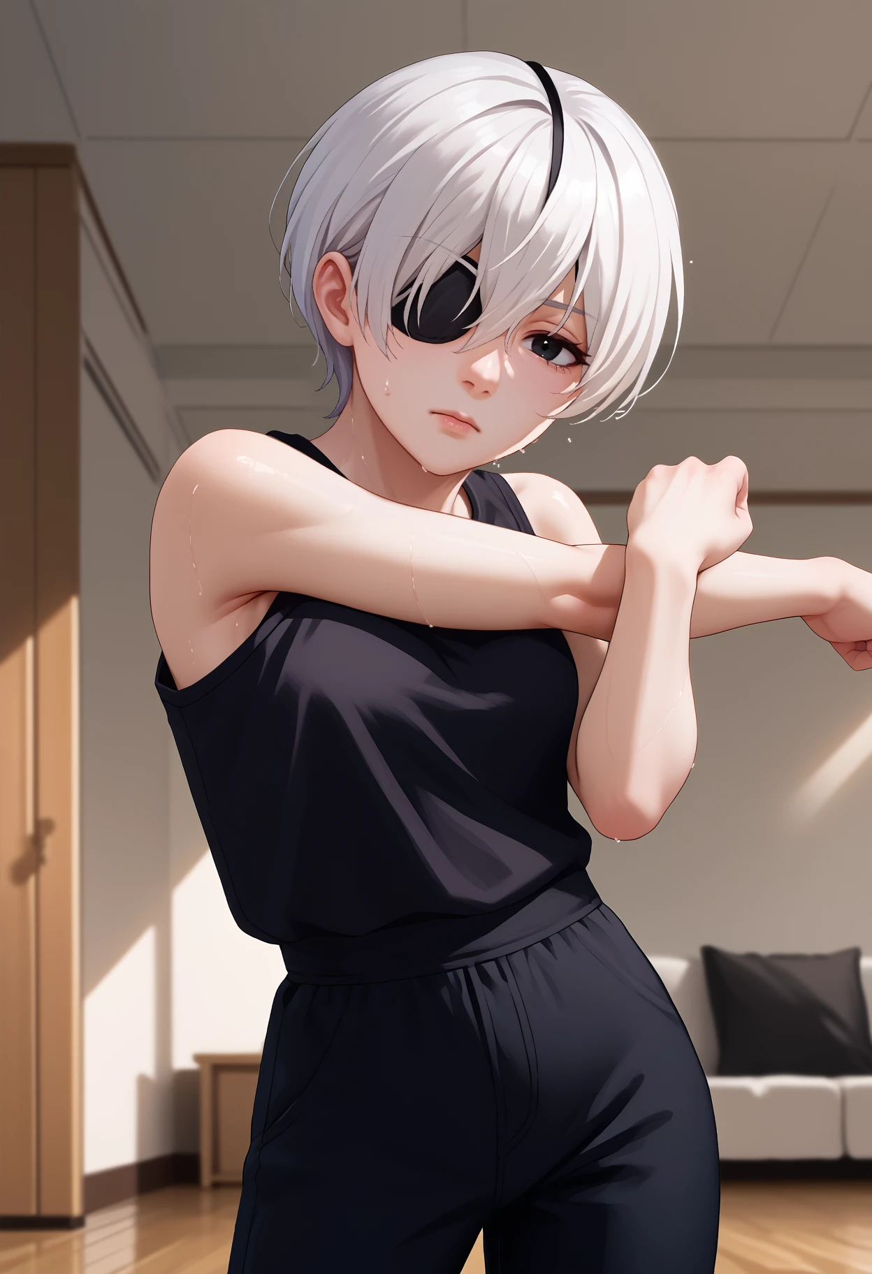 score_9, score_8_up, score_7_up, source_anime, <break> cross-body stretch, stretching, solo, 1girl, csmquanxi, sweat, looking at you, standing, white hair, black eyes, eyepatch, black tank top, black pants, bare shoulders, indoors
 <segment:yolo-face_yolov8m.pt,0.4,0.5//cid=1>