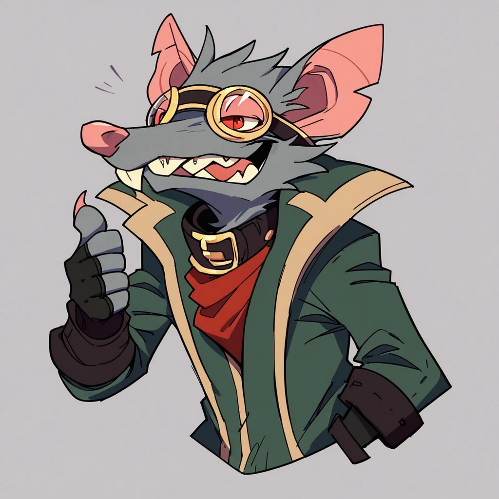 Score_7_up, score_8_up, 2d, source_cartoon, 
BREAK,
 DefTwitch, grey fur, rat, goggles, coat, collar, upper body, (thumbs up), fingerless gloves, simple background,