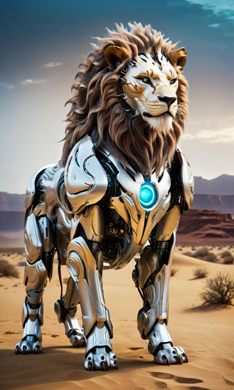 <lora:biomaniod:0.5>,xsbio,full-body shot of a cybernetic lion::2, majestic pose, mechanical mane::2 flowing with energy, glowing cybernetic implants, standing against a futuristic desert landscape, cinematic atmosphere, high resolution, 16K,