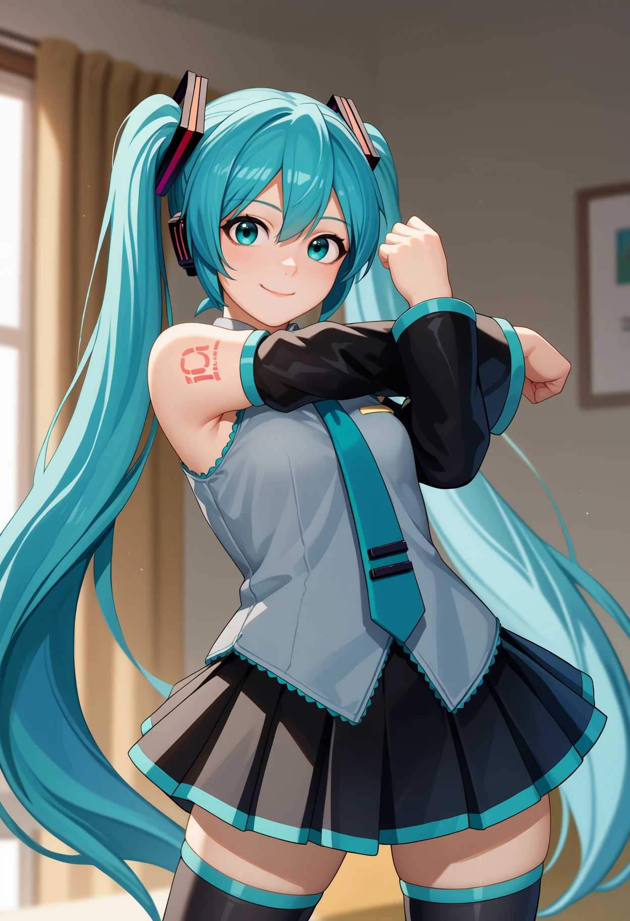 score_9, score_8_up, score_7_up, source_anime, <break> solo, 1girl, hatsune miku, light smile, looking at you, standing, cross-body stretch, stretching, aqua hair, twintails, aqua eyes, grey shirt, sleeveless shirt, aqua necktie, black sleeves, detached sleeves, black skirt, black thighhighs
<segment:yolo-face_yolov8m.pt,0.4,0.5//cid=1>