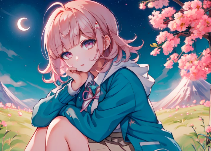 solo  , <lora:goodhands:0.7>, <lora:Chiaki_Nanami_SD15:1>, screencap from the anime Danganronpa The Animation, anime , Chiaki Nanami, Danganronpa 2 uniform, white button-up shirt, dark teal-gray front placket, light pink ribbon, bow, pale beige pleated skirt, dark teal-gray hooded cardigan, gray horizontal lines, Hope's Peak crest, short dusty pink hair, curls outwards, parted to the right, white Galaga hairclip, large sleepy-looking blossom pink eyes,  medium length hair  , neutral expression ,  top of a mountain, night, moon, moonlight cascading over the person, falling petals, (sitting down on grass, holding a rose), moon lighting