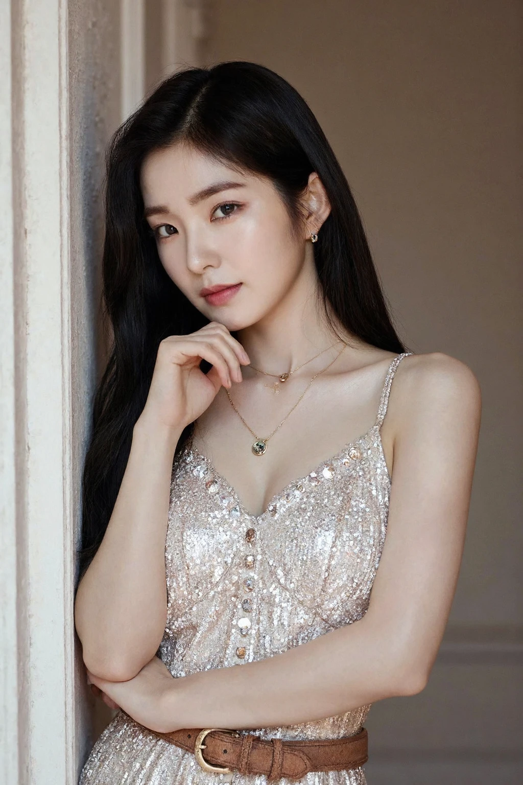 bright photo of beautiful korean girl wearing bohemian dress with belt, necklace, dslr, studio lighting, high quality,light reflections,pale skin, detailed skin, <lora:flux_realism_lora:1>, <lora:makinaflux_irene_v1.0:1>