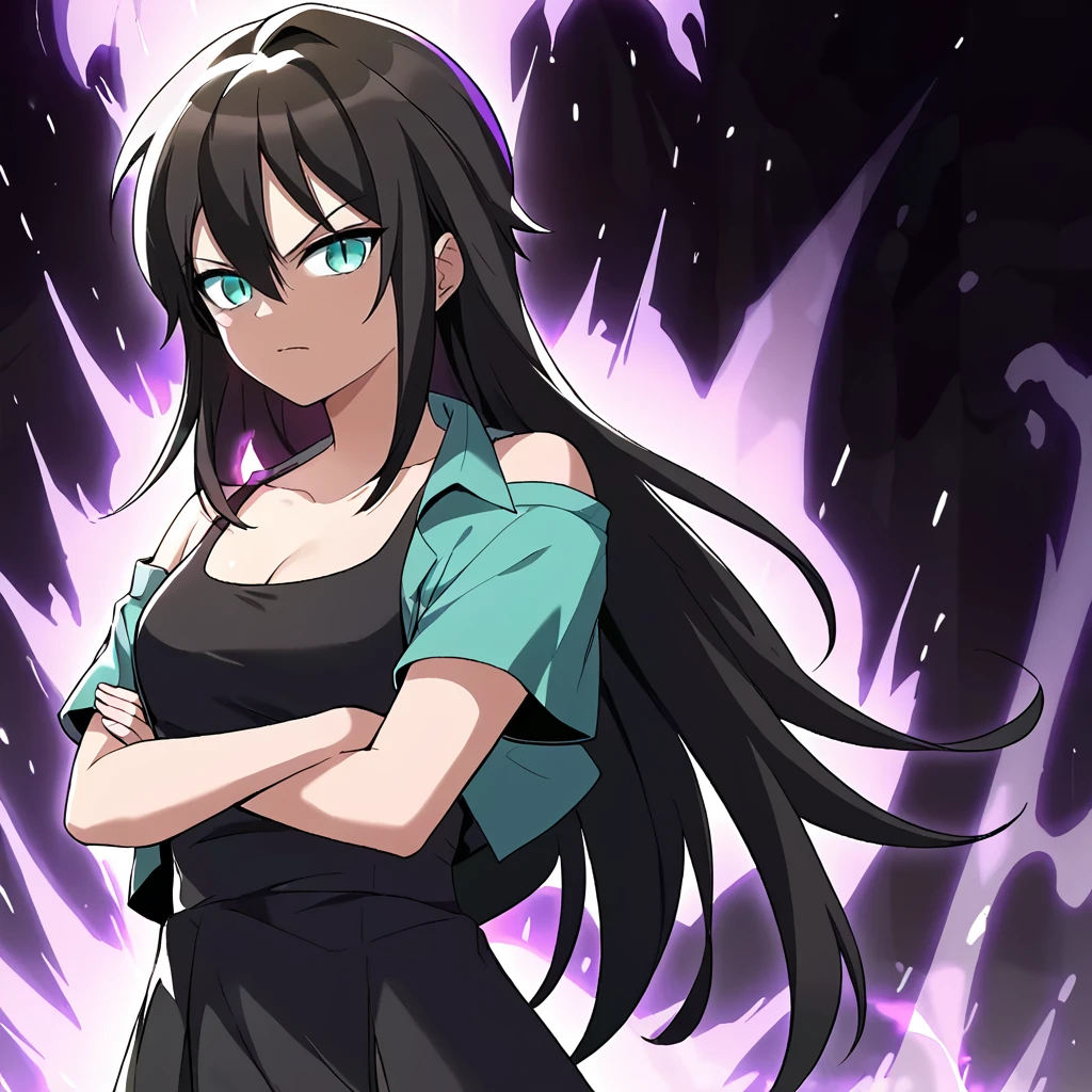 1girl, solo, rurin, long hair, black hair, aqua eyes, slit pupils, hair between eyes, bangs,  collarbone, small breasts, cleavage, bare shoulders, dress, green jacket, open shirt, short sleeves, black dress, black tank top, looking at viewer, crossed arms, glaring, aura, glowing, purple aura, 
score_9, score_8_up, score_7_up, masterpiece,
 <lora:Rurin_r1:0.8>