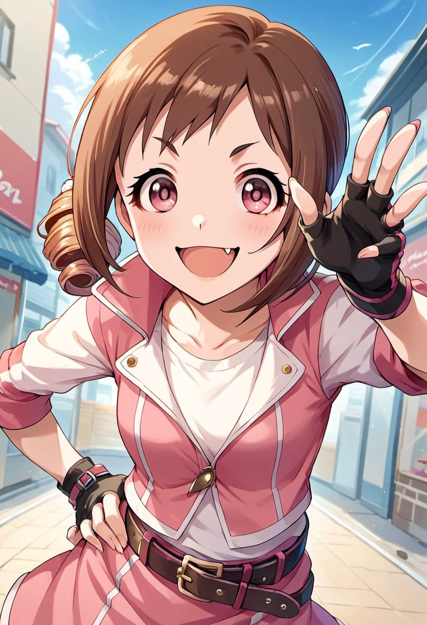 score_9, score_8_up, score_7_up, source_anime, oohara michiru, brown hair, drill hair, pink eyes, 1girl, solo, fang, fingerless gloves, gloves, open mouth, smile, hand on hip, belt, looking at viewer