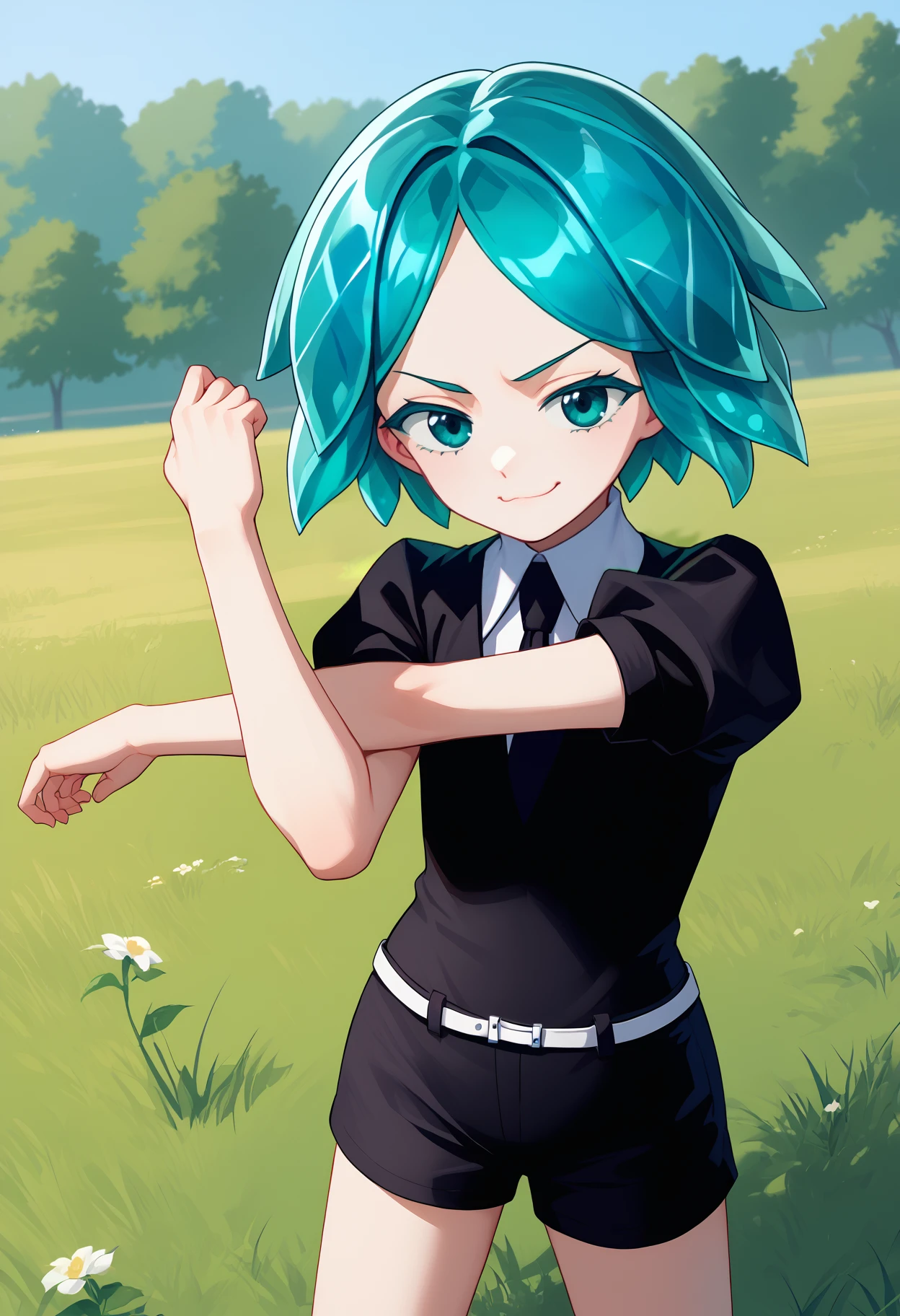 score_9, score_8_up, score_7_up, source_anime, <break> cross-body stretch, stretching, solo, 1other, phos, white skin, smug, looking at you, standing, aqua eyes, aqua hair, short hair, crystal hair, black shirt, puffy short sleeves, collared shirt, black necktie, white belt, black shorts, outdoors, grass
 <segment:yolo-face_yolov8m.pt,0.4,0.5//cid=1>