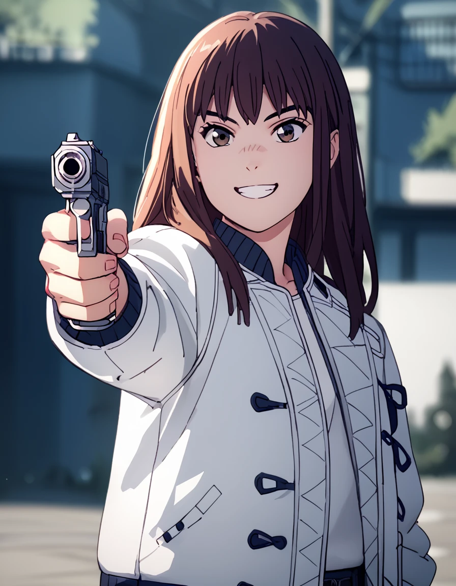 Kiruko, long hair, brown hair, brown eyes, jacket, sidelocks, score_9, score_8_up, score_7_up, score_6_up, score_5_up, score_4_up, source_anime   <lora:HeavenlyDelusion:1>, soft smile, dynamic pose, holding gun, handgun, pointing at another,