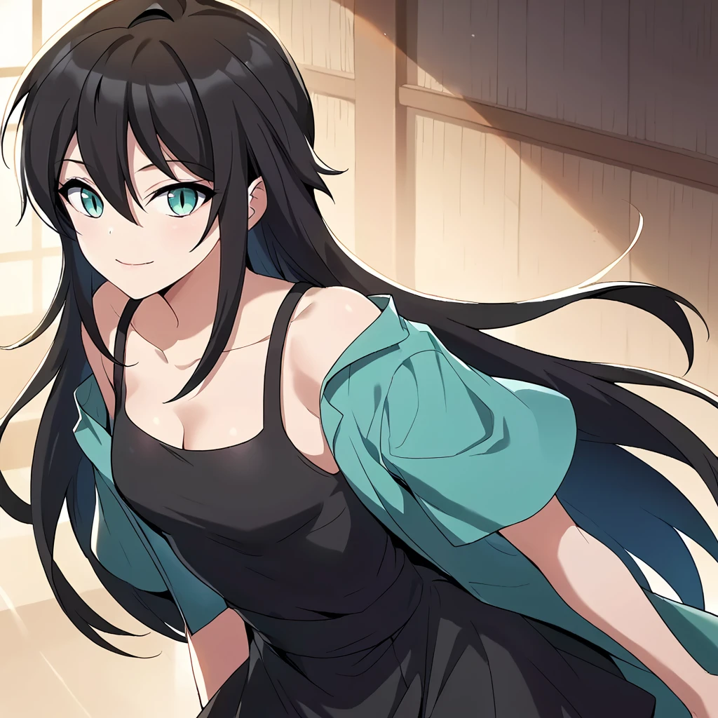 1girl, solo, rurin, long hair, black hair, aqua eyes, slit pupils, hair between eyes, bangs,  collarbone, small breasts, cleavage, bare shoulders, dress, green jacket, short sleeves, black dress, black tank top, looking at viewer, hips, cowboy shot, smile, 
score_9, score_8_up, score_7_up, masterpiece,
 <lora:Rurin_r1:0.8>