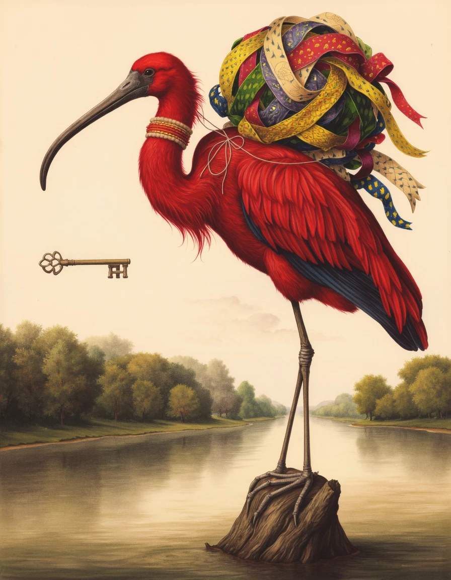 elgc, red bird with long beak perched on a dead log sticking out of the brown water, a bundle of different colored ribbons with different types of patterns are wrapped around in a ball on its back tied with thin red string, distant trees, a line divides the image with an archway between the landscape on the left and the bottom and the blank side on the right, an old key hovers on the left side