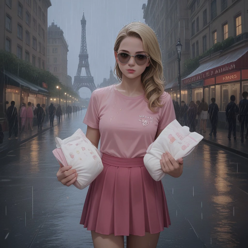 score_7_up, best quality, studio lighting, detailed, realistic, 1girl, blonde, sunglasses, pink shirt, pink skirt, rain, paris, outside, holding diaper, holding