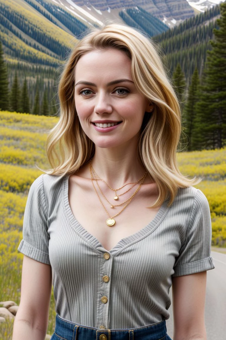 European woman, closeup, (shirt), pants, (rocky mountain national park), gold necklace , smiling , ZM_esma, wide shoulders, perfect face, (contact iris: 1.1), pale skin, skin pores , depth of field