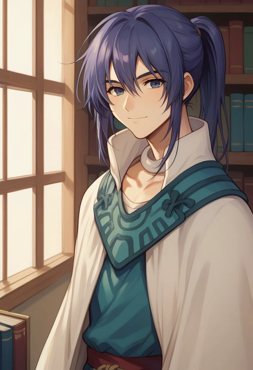 score_9, score_8_up, score_7_up, source_anime, highly detailed, 
keele, 1boy, solo, male focus, ponytail, purple hair, long hair, blue hair, robe, upper body, smile, closed mouth, looking at viewer, facing viewer,
indoor, books, library,