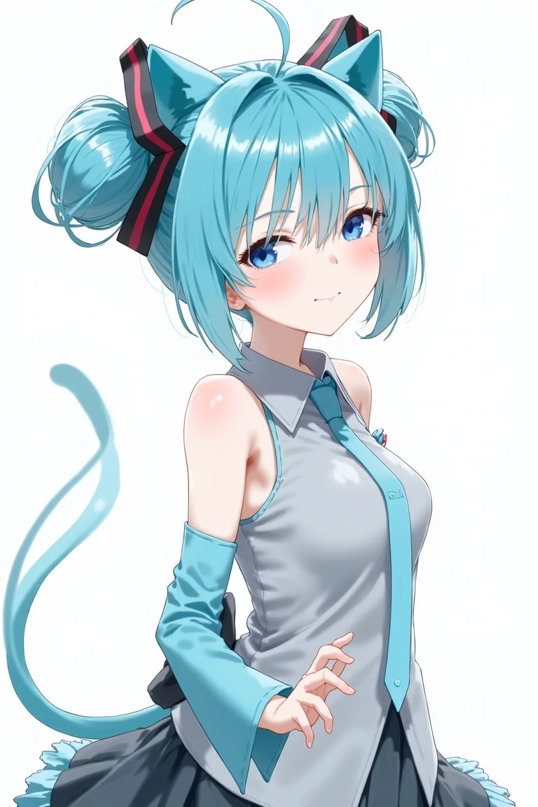 Hatsune Miku, shirt, aqua hair, dress, ribbon, tail, virtual youtuber, blue hair, hair bun, black ribbon, cat ears