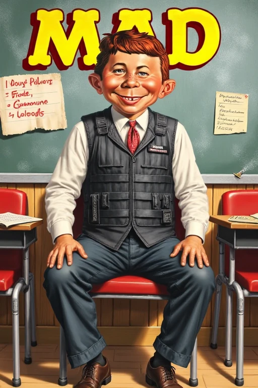 (Mad Magazine cover:1.2) with a man sitting in a classroom wearing a bullet proof vest