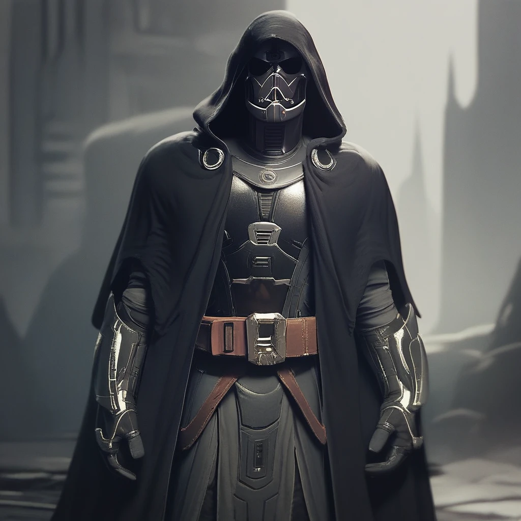 score_9, score_8_up, score_7_up, score_6_up, darthnox, star wars, 1boy, solo, male focus, armor, cape, mask, belt, cloak, hood up, helmet, science fiction