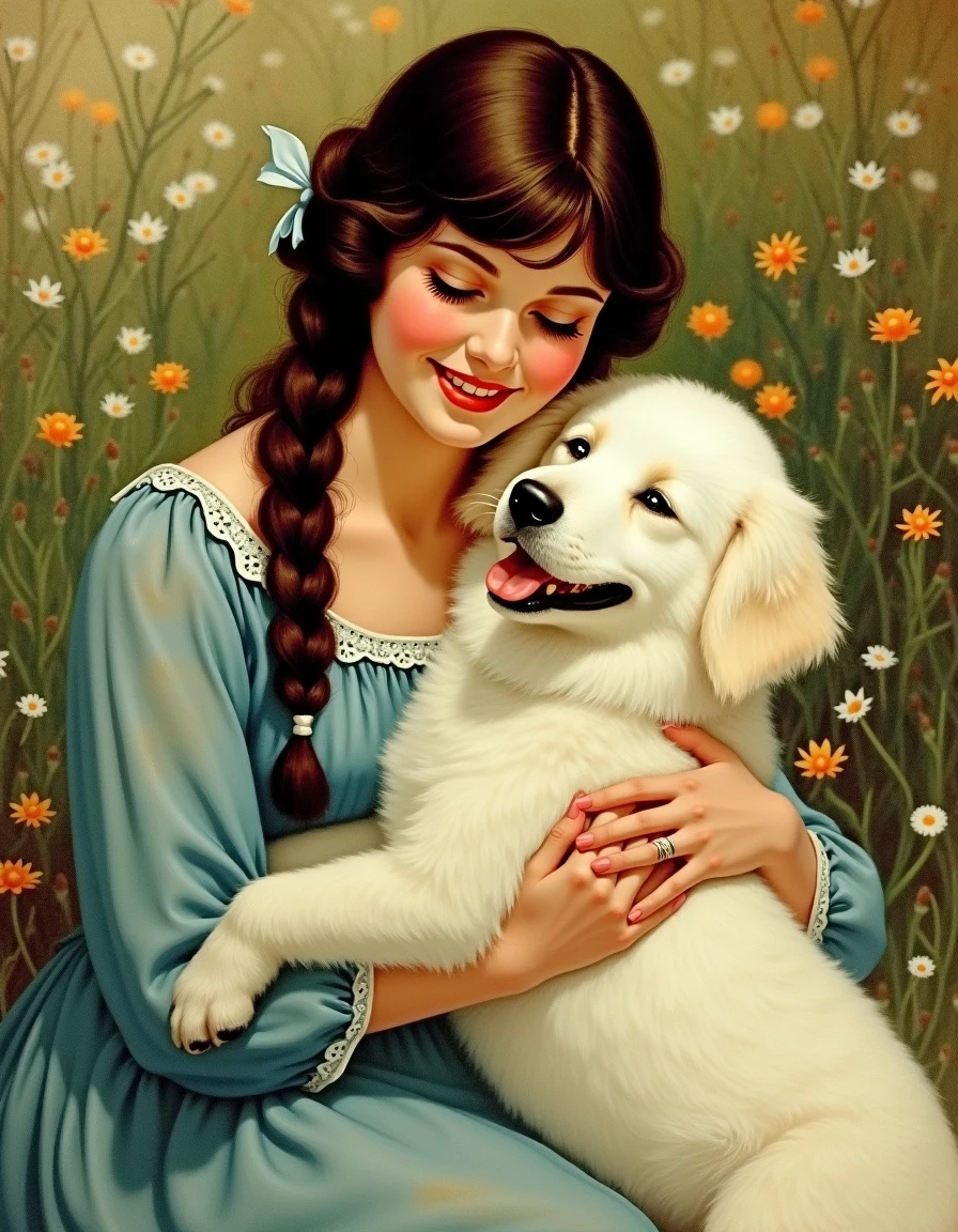 <lora:Vaguely Vintage_epoch_4:0.5>, a vaguely vintage illustration of a woman sitting in a garden and hugging a fluffy white dog, her eyes are closed and she has an expression of pure joy on her face, she has dark brown hair in a braid and wears a blue dress with a peasant-blouse style bodice