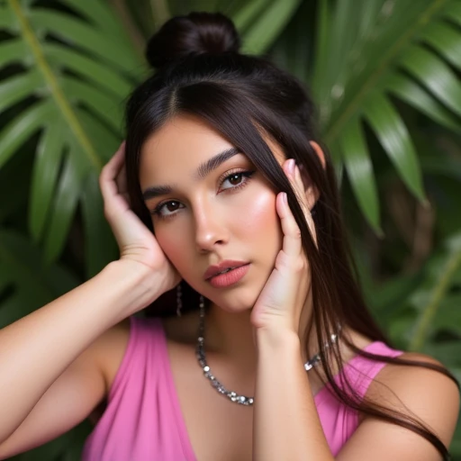 hands on own face, long hair, hair bun, male focus, brown hair, single hair bun, necklace, leaf, pink dress, black hair