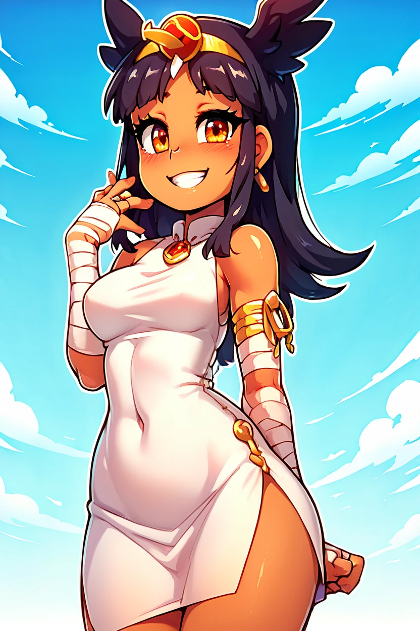 score_9, score_8_up, score_8, medium breasts, (curvy), cute, eyelashes,       BREAK, , zzToto, dark skin, 1girl, blush, black hair, jewelry, sky, day,  bandages, white dress, sleeveless dress,    <lora:Toto_Takatsu_PDXL:0.8>, , BREAK, smile, looking at viewer,  abstract background, white outline, cowboy shot, embedding:zPDXL, Expressiveh, <lora:theOtherHalfPDXL:0.8>,  <lora:CatalystStylePDXL:0.6>,  <lora:SDXLFaeTastic2400:0.5>,  <lora:Expressive_H-000001:0.4>,