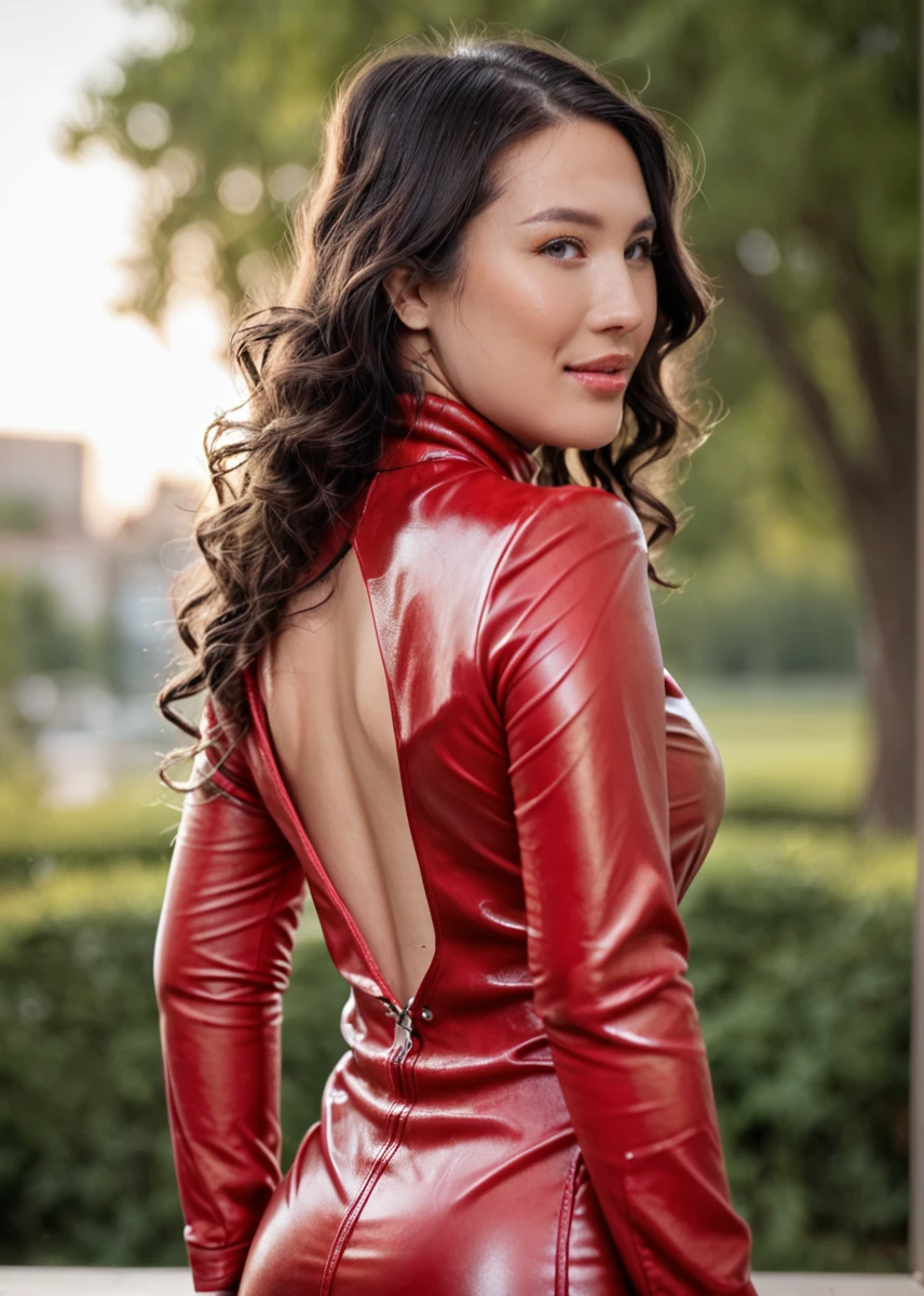 score_9, score_8_up, score_7_up, A captivating masterpiece, photo, realistic, 1woman, wavy hair, (dark red leather dress with turtleneck), half body, (sideways from behind), looking at the viewer, ass focus, sunlight, background blurred, 8k, <lora:MS_Suki_Sin_V1_Pony:0.8>