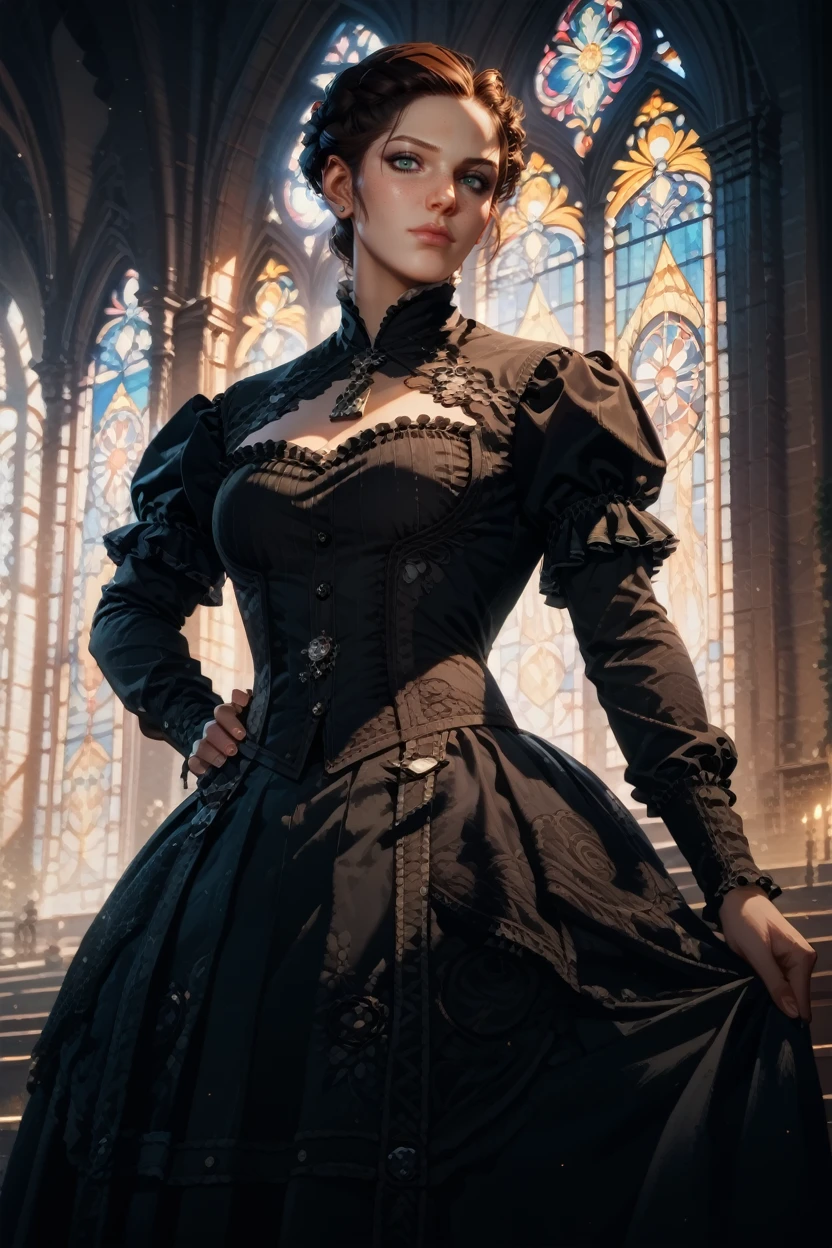 score_9, score_8_up, score_7_up, score_6_up
<lora:ACEvie:1>
ACEvie, 1girl, brown hair, green eyes, looking at viewer, mysterious gaze, standing, one hand on hip, gothic cathedral, stained glass windows, twilight