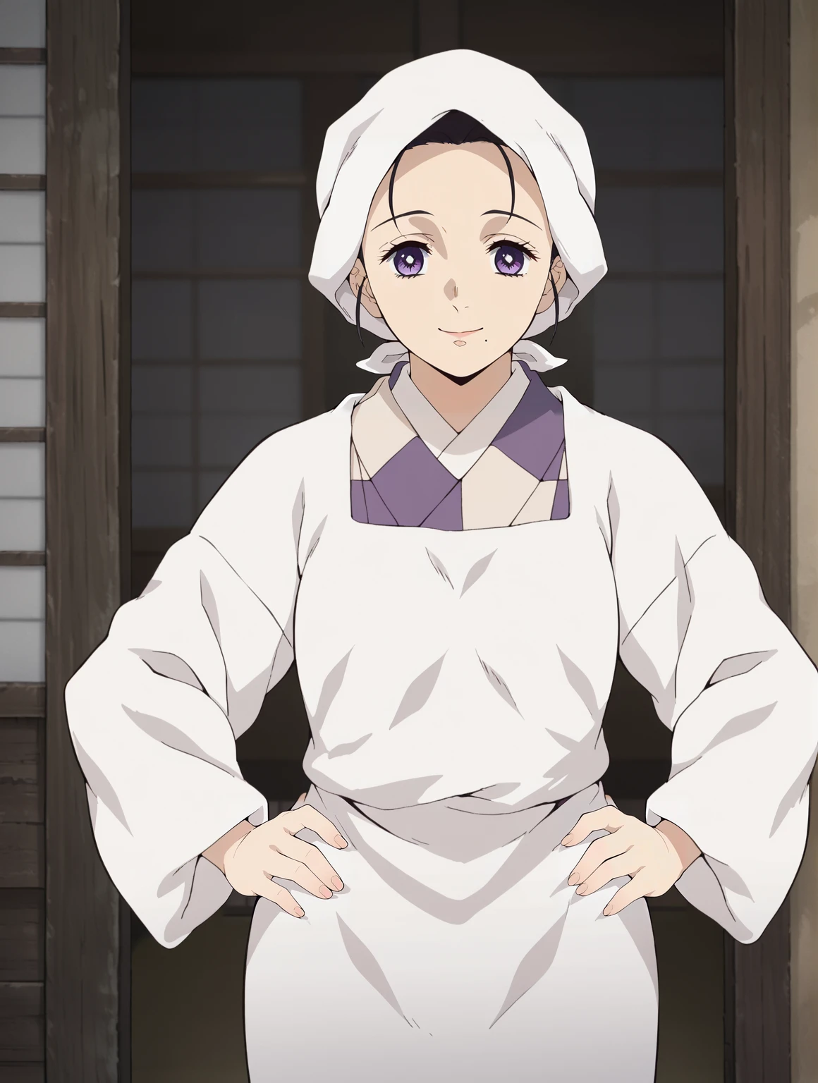 <lora:Kie_Kamado-Kimetsu_no_Yaiba:0.8>,kie,mature female,1girl,solo,purple eyes,black hair,mole under mouth,head scarf,kimono,japanese clothes,apron,kappougi,cowboy shot,hands on own hips,looking at viewer,indoors,smile