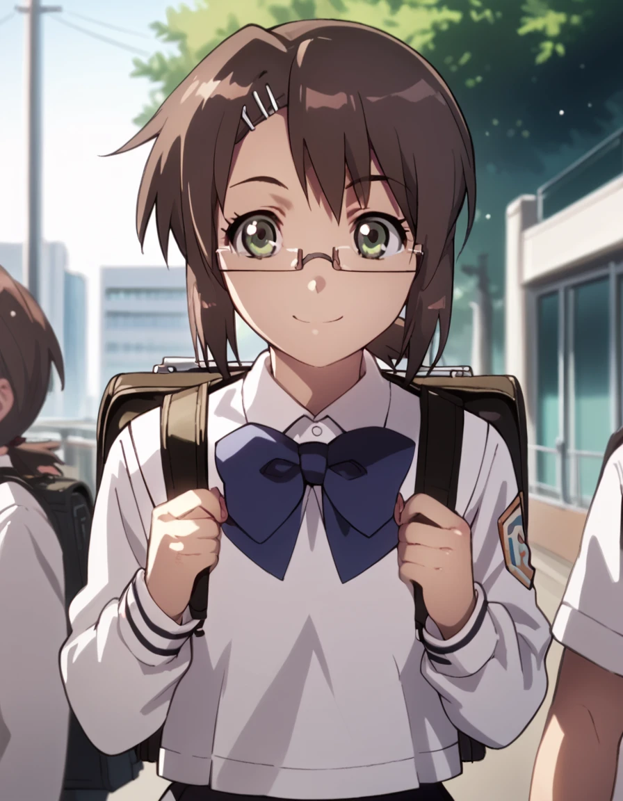 Hana, short hair, brown hair, hair ornament, green eyes, school uniform, ponytail, glasses, school uniform, pleated skirt, backpack, score_9, score_8_up, score_7_up, score_6_up, score_5_up, score_4_up, source_anime  <lora:Ben-Tou:1>, soft smile, portrait,