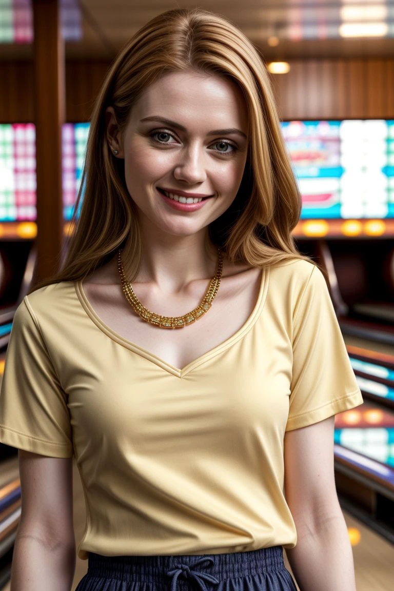 European woman, closeup, (shirt), pants, (bowling alley), gold necklace , smiling , ZM_esma, wide shoulders, perfect face, (contact iris: 1.1), pale skin, skin pores , depth of field