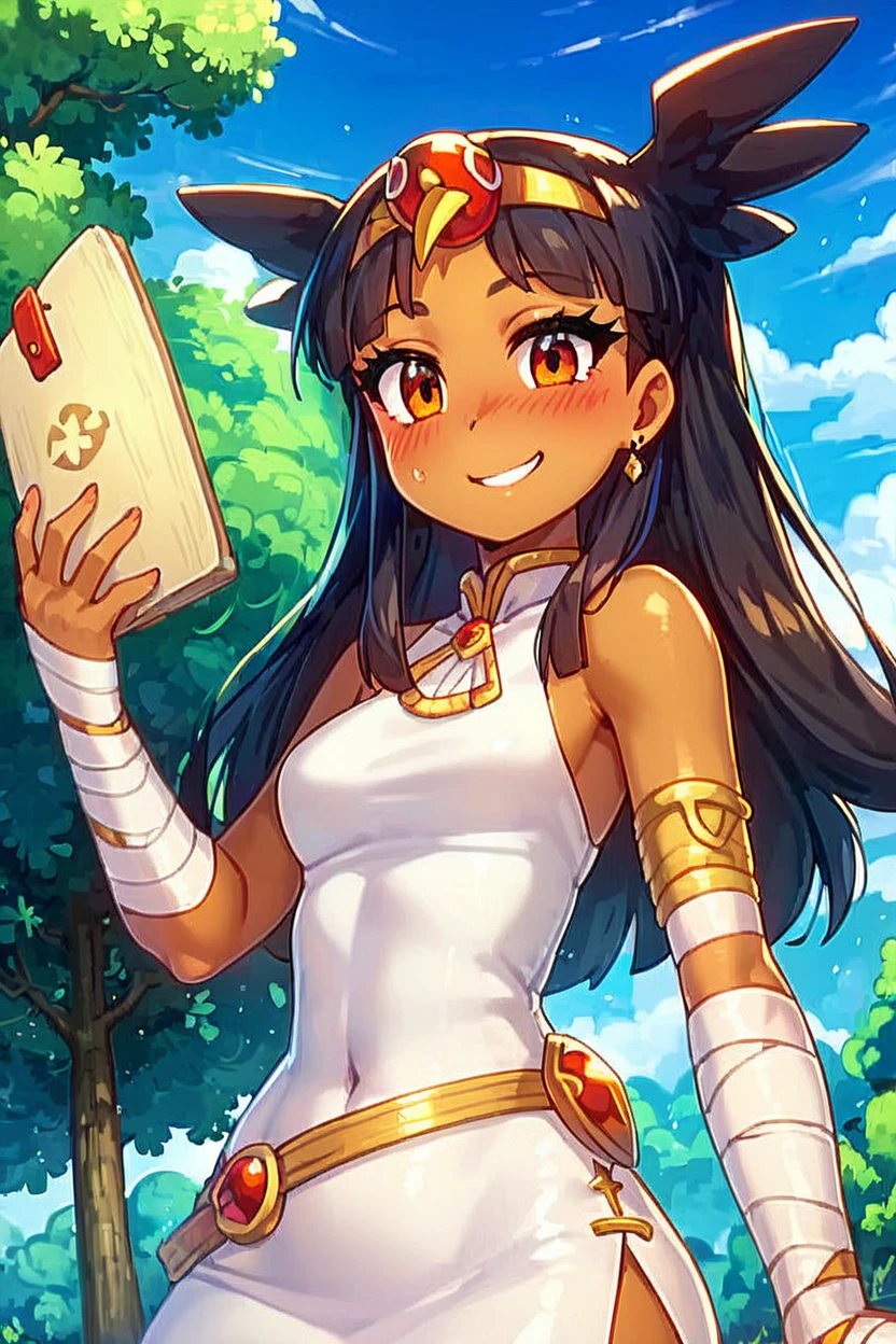 score_9, score_8_up, score_8, medium breasts, (curvy), cute, eyelashes,       BREAK, , zzToto, dark skin, 1girl, blush, black hair, jewelry, sky, day,  bandages, white dress, sleeveless dress,    <lora:Toto_Takatsu_PDXL:0.8>, , BREAK, smile, looking at viewer, cowboy shot, outdoors, sky, day, cloud, tree, blue sky, sunny,  Expressiveh, <lora:Alola_Style_PDXL:0.7>,  <lora:Expressive_H-000001:0.4>, <lora:CatalystStylePDXL:0.3>,