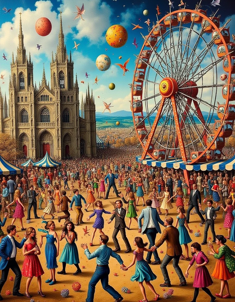 <lora:Wheres_Hieronymus_V3:1> This artwork depicts a chaotic, dancing and mingling. The background features a Ferris wheel and a large,  The artwork is rich in color and texture, intricate details and vibrant colors.  The left panel depicts a fantastical medieval cityscape with a towering Gothic cathedral, and surreal painting, hide waldo in the painting