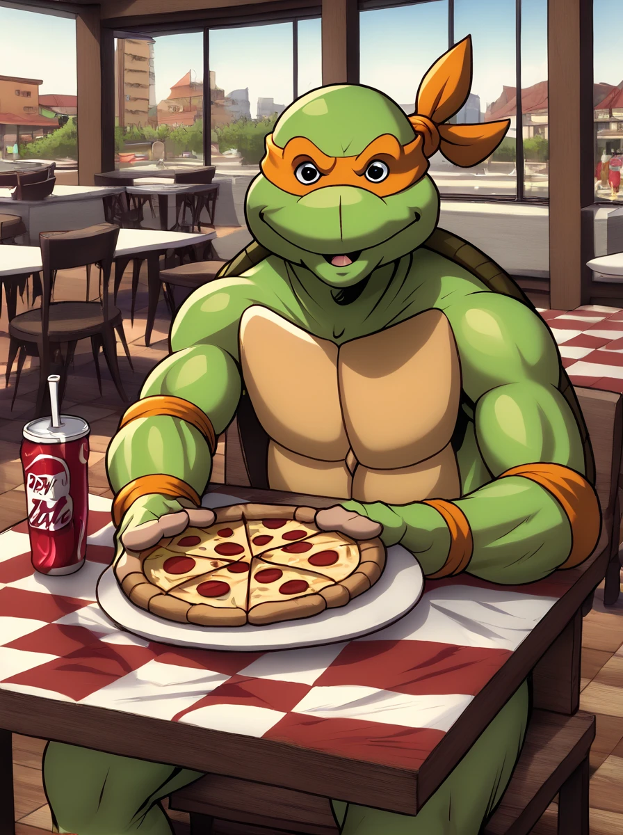 (tmnt),(Michelangelo:1.2),looking at viewer,sitting at a table,cafe,restaurant,pizza,soda,pizza cutter,napkins,checkered tablecloth, <lora:sdxlpony tmntsma v1:0.7>