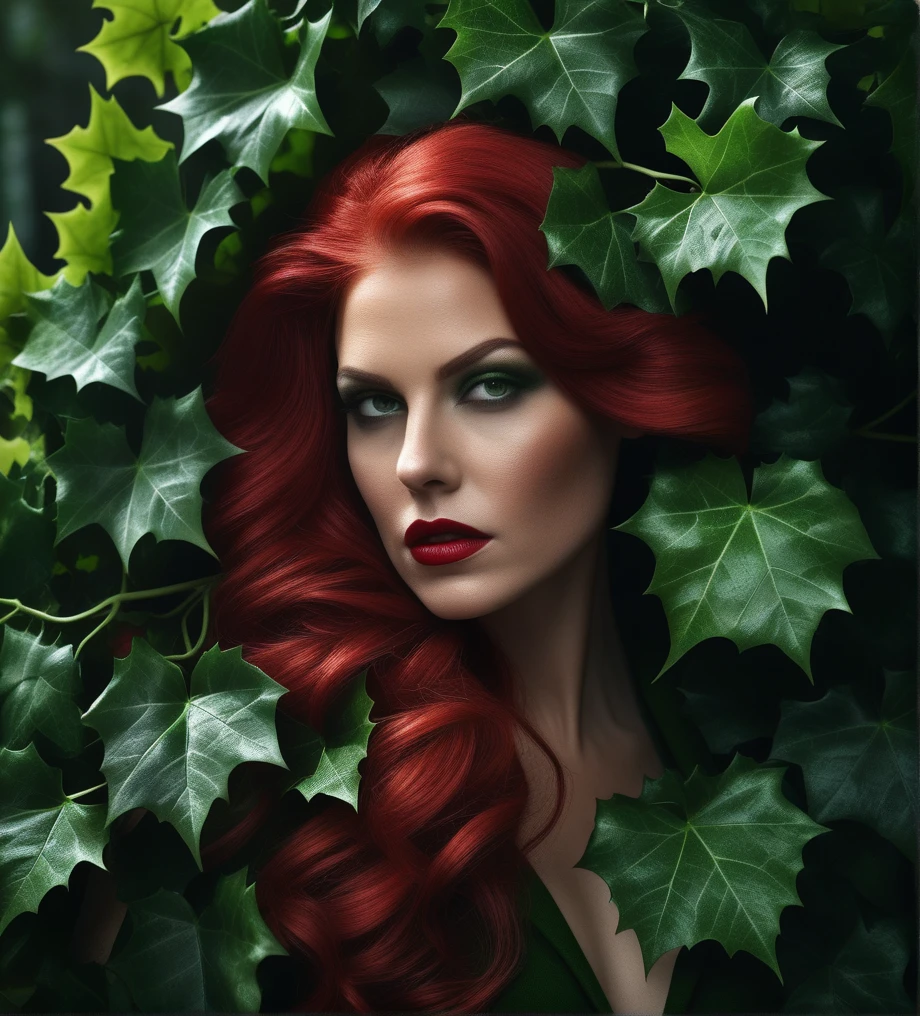 (Cinematic Photo:1.3) of (Realistic:1.3) a Ivy Poison, hair red, costume green leaf texture branches, forested, ivy, (ivy poison:1.3), Photorealism, Realistic, photorealistist, HD, lighting