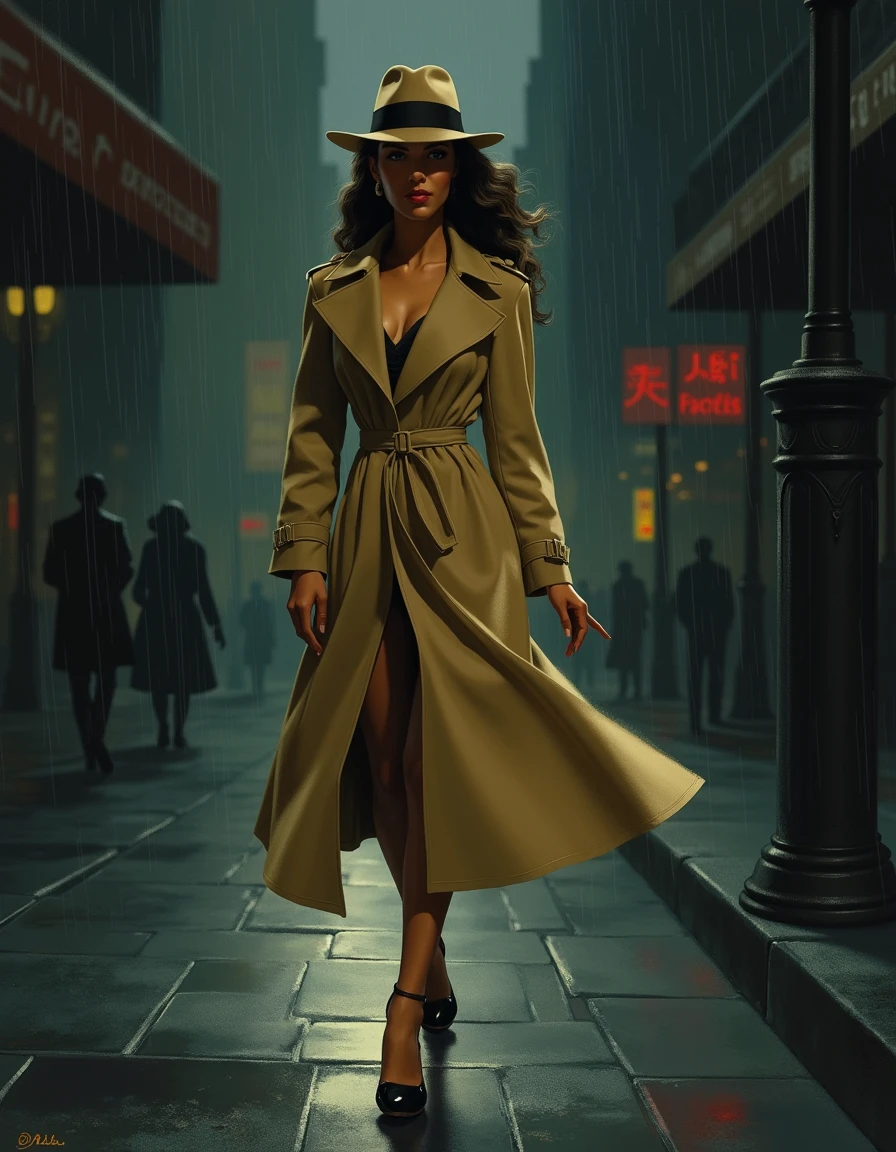 <lora:Vaguely Vintage_epoch_4:0.5>, a vaguely vintage illustration of a female private investigator walking down a city street at night while it rains, she is wearing a long beige trenchcoat and a fedora hat and high heel shoes, the overall vibe of the image is gloomy and reminiscent of film noir