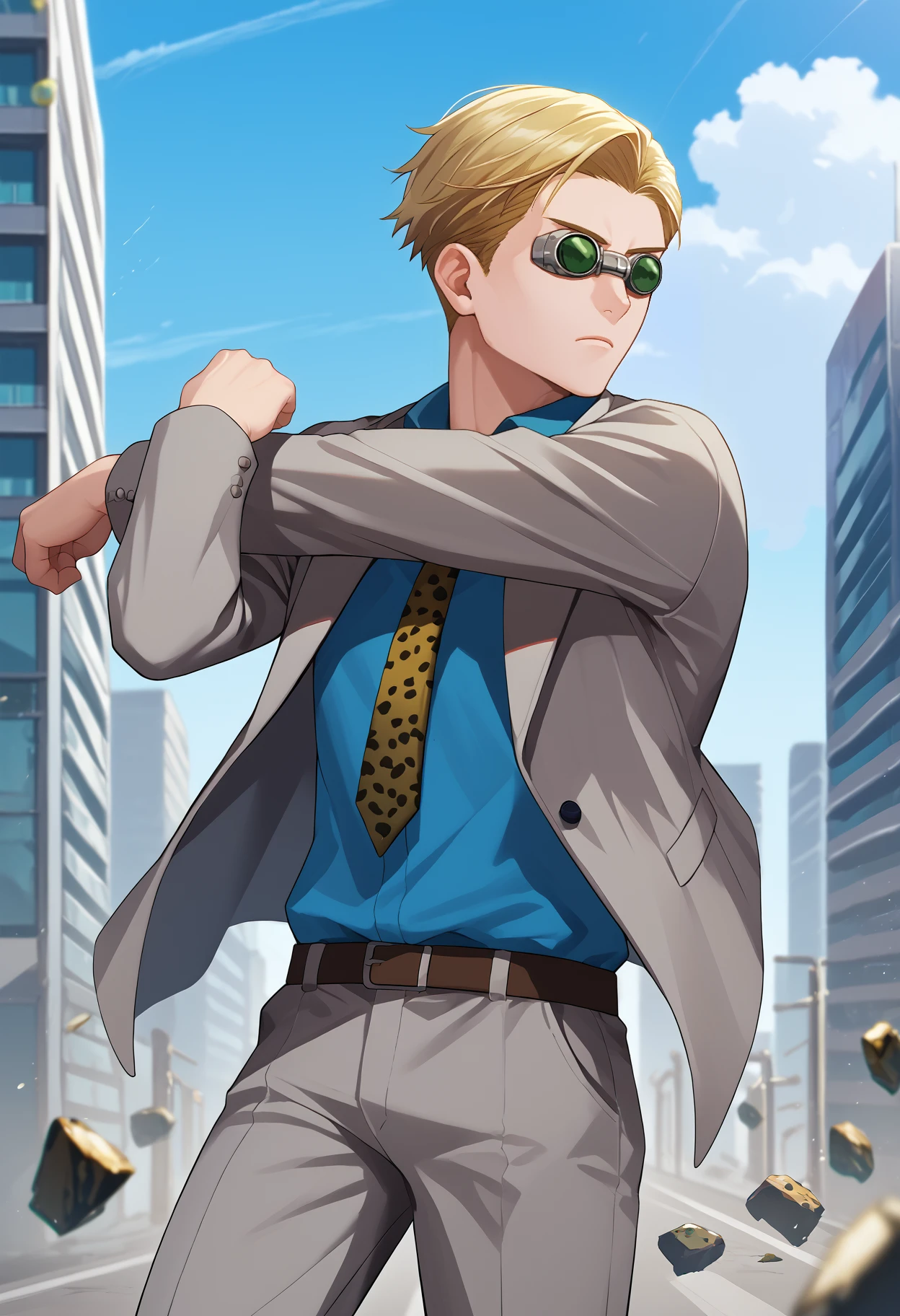 score_9, score_8_up, score_7_up, source_anime, <break> cross-body stretch, stretching, solo, male focus, 1boy, NanamiBase, expressionless, looking away, standing, blonde hair, short hair, goggles, grey jacket, yellow necktie, leopard print, blue shirt, collared shirt, grey pants, outdoors, city, debris
 <segment:yolo-face_yolov8m.pt,0.4,0.5//cid=1>