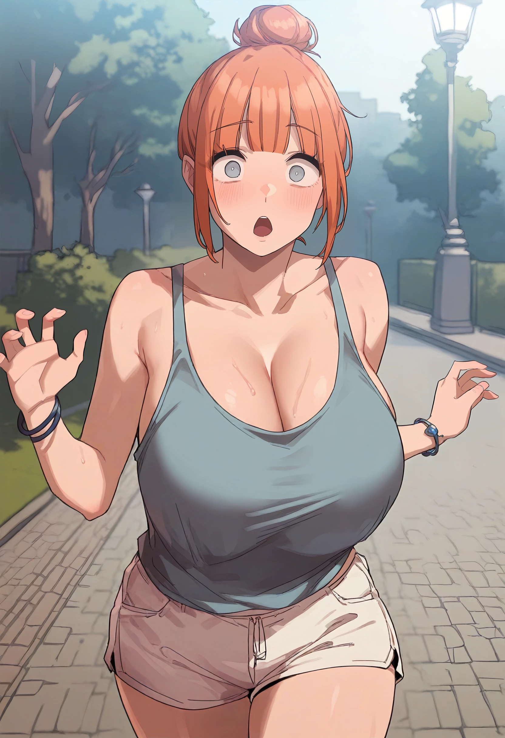 score_9, score_8_up, score_7_up, score_6_up, source_anime, rating_explicit, 1girl, solo, huge breasts, <lora:Gwen prefectPonyxl:0.9> single hair bun, orange hair, grey eyes, blunt bangs, sidelocks, short hair, blue eyes, white tank top, white shorts, short shorts, bracelet, surprised, park, outdoors, looking at viewer, close-up, walking, ribs