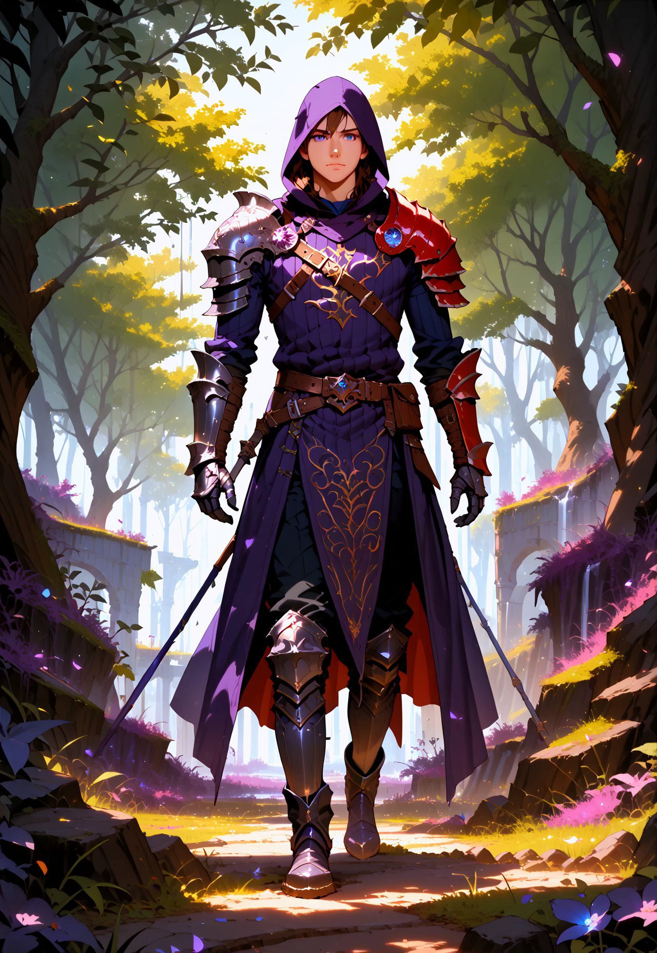 dsk_fantastical_art, solo, armor, gloves, 1boy, male focus, blue eyes, brown hair, boots, hood, half body, standing, belt, shoulder armor, hood up, gauntlets, pauldrons, greaves, looking at viewer, outdoors, fantasy background, purple trees, purple grass,, BREAK PonyXLV6_Scores