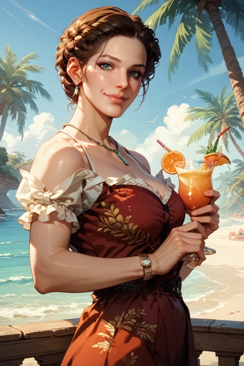 score_9, score_8_up, score_7_up, score_6_up
<lora:ACEvie:1>
ACEvie, 1girl, brown hair, green eyes, looking at viewer, looking at viewer, smiling, standing, outside, beach, palm trees, holding cocktail