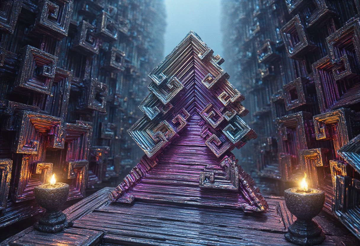 In the heart of the mountain, a vast cavern opens up, its walls smoothed by ancient dwarven craft. Crystalline formations jut from the ceiling, casting prismatic light across the chamber. At the far end, upon a dais of polished obsidian, sits the Throne of Iridescent Majesty.
The throne itself is a marvel of nature and artistry - a colossal formation of bismuth crystal, its geometric, stair-stepped structure spiraling upwards in a mesmerizing display. The metallic rainbow hues of the bismuth shimmer and shift in the flickering torchlight, creating an otherworldly aura.
Intricate runes, etched by elven smiths, wind their way through the crystalline structure, glowing with a soft, ethereal light. The seat of power is cushioned with deep purple velvet, embroidered with golden threads depicting the great deeds of ages past.
Flanking the throne are two massive braziers, their flames dancing in hues that match the bismuth's spectrum. The floor leading to the dais is inlaid with a mosaic of precious stones, forming a path that seems to flow like a river of jewels towards the seat of power.