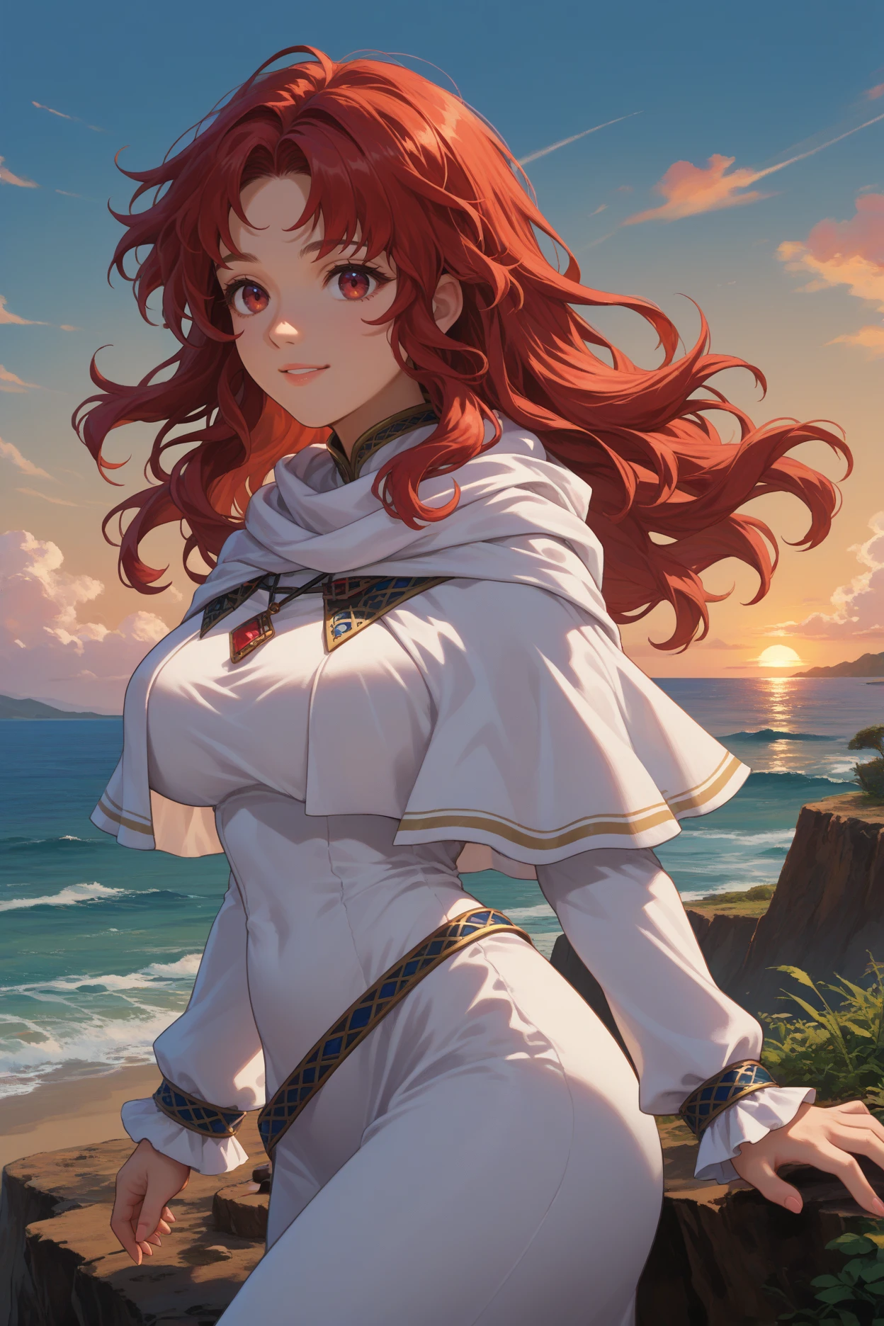 score_9, score_8_up, score_7_up, score_6_up, source_anime, 1girl, solo,  <lora:felena-pdxl-nvwls-v1-000004:1> feLena, red hair, long hair, red eyes, white robes, white capelet, long sleeves, pendant, long dress, upper body, big breasts, full body, from side, looking at you, happy, sunrise, ocean, cliff, blue sky, wide shot, field