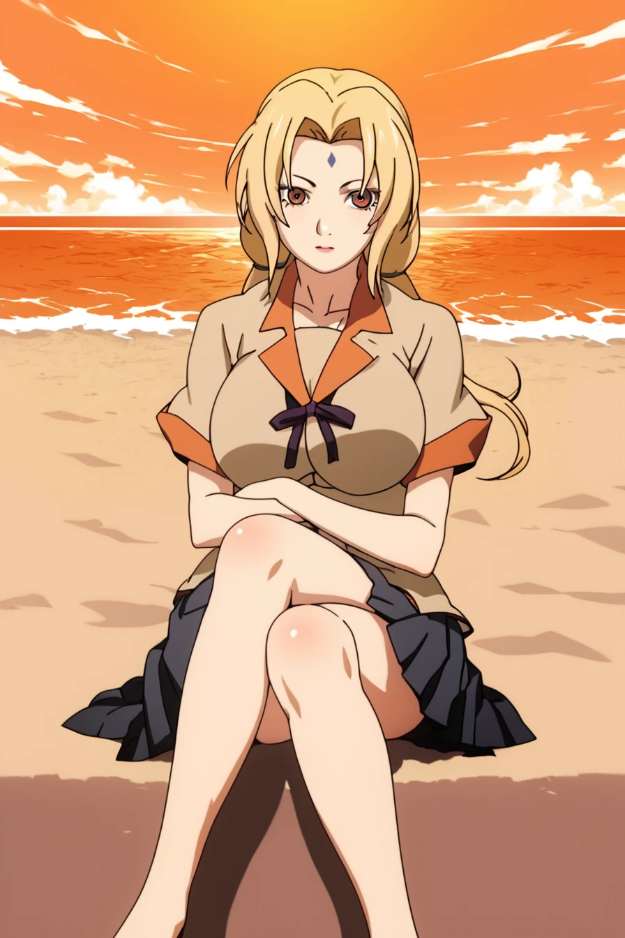 score_9, score_8_up, score_7_up, score_6_up, score_5_up, score_4_up,  <lora:tsunade-s2-ponyxl-lora-nochekaiser:0.6>, tsunade, blonde hair, yellow hair, facial mark, forehead mark, long hair, makeup, mature female, brown eyes, parted bangs, twintails, low twintails, large breasts, naoetsu school uniform, school uniform, alone, sitting, looking at the viewer, masterpiece, highres, highly detailed face, highly detailed shining eyes, symmetrical highly detailed eyes, entire body, legs, floating hair, <lora:bakemonogatari_style:1>, bakemonogatari_style,  warm orange hue theme, orange sky, beach, sea, sand, sky