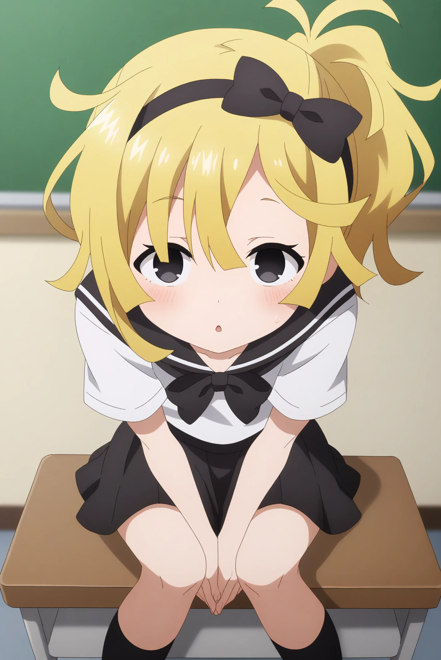 Tanpopo, black bow hairband, school uniform <lora:Kunoichi_Tsubaki_no_Mune_no_Uchi-Tanpopo-PDXL:0.8>