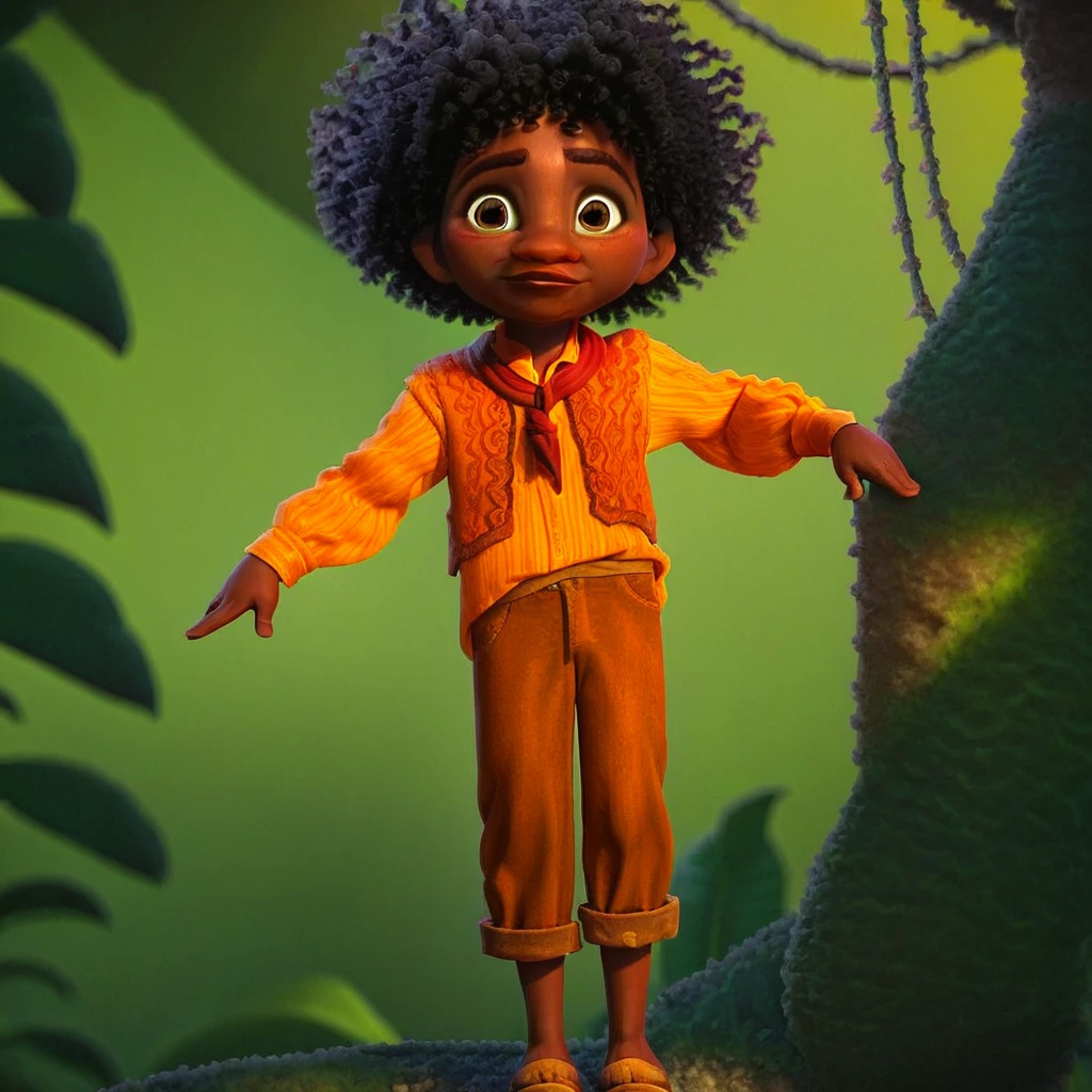 score_9, solo, antronio_madrigal, black hair, afro, dark skin, brown eyes, pants, shirt, cute, jungle, natural lighting