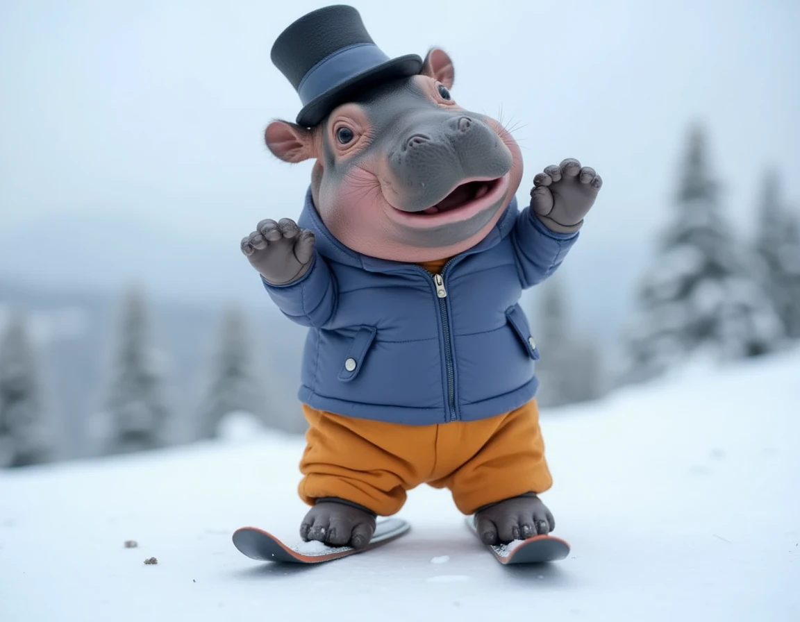 a photo of a happy cute small tiny mini baby hippo in a top hat wearing ski outfit,on the snowy mountain,posing for a photo,<lora:baby_hippo:1>